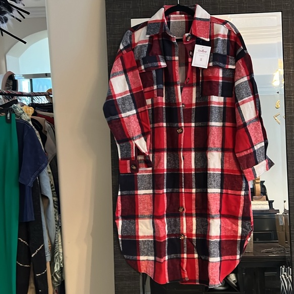 NWT Women's Blend Long Plaid Shirt Jacket Button Shacket Pocketed Flannel Coat - Picture 6 of 6